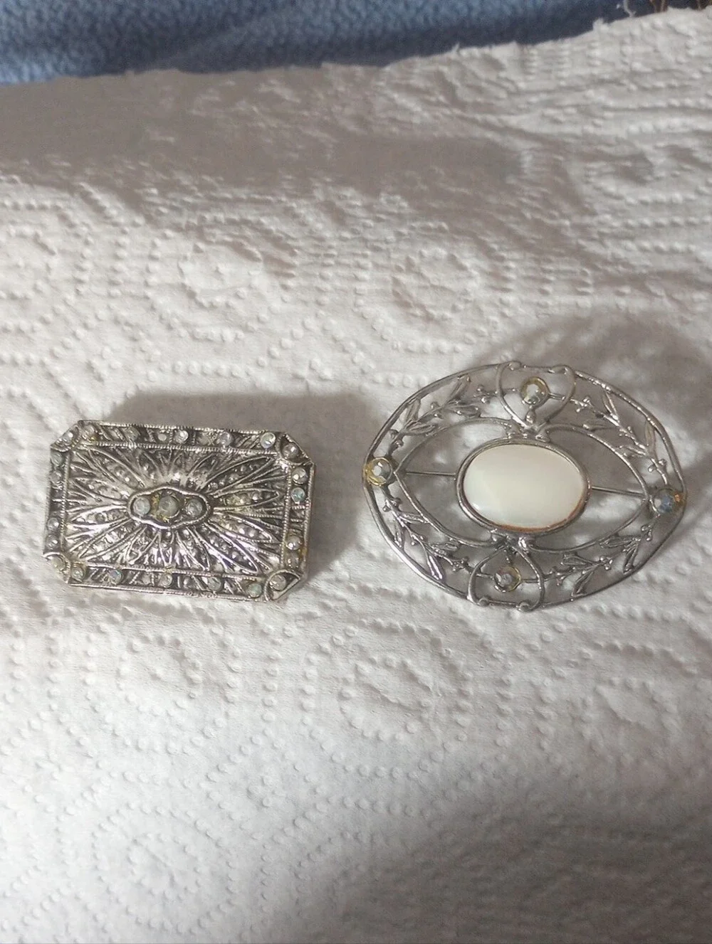 Antique, Victorian,Silver Filigree Brooches with Mother of Pearl,Crystal Accent